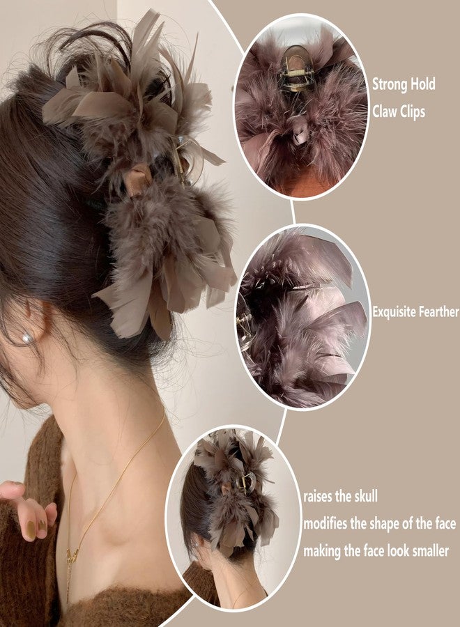 Rannyrena Large Bow Chiffon Silk Hair Clips for Women Pearl Mesh Bubble Hair Barrettes for Thick Thin Hair Elegant Feather Claw Clips Hair Accessories (Feather Brown) - Image 5